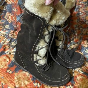 Naturalized Devan suede faux fur , tall lace up , chocolate brown boots. Perfect